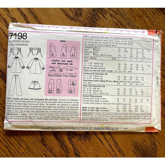 Vintage 1970s Simplicity 7198 Sewing Pattern Sz4 Toddler Dress Bib Pant COMPLETE - Picture 2 of 2